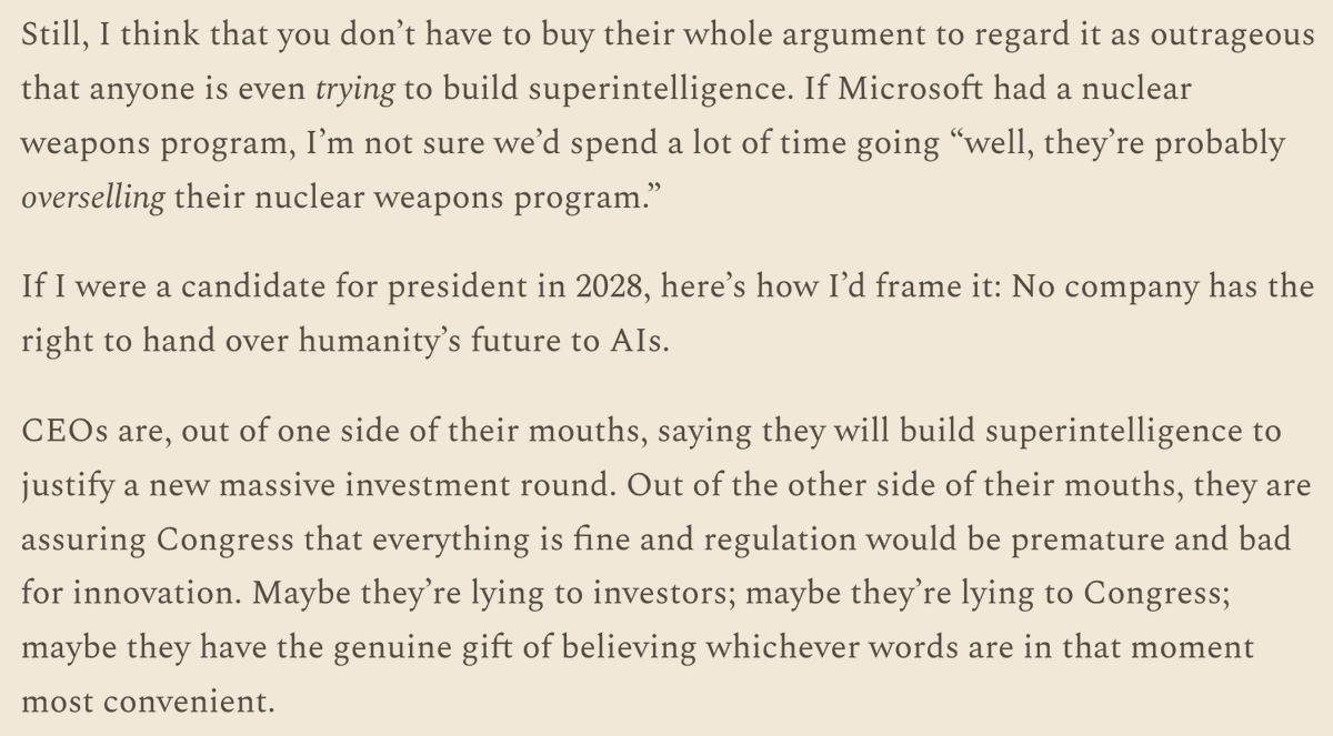 The most important fact about If Anyone Builds It, Everyone Dies is that it will hopefully cause Congress to realize that AI companies _really are_ trying to build superintelligence, and _really aren't_ sure they can do it without sending humanity the way of the dinosaurs...