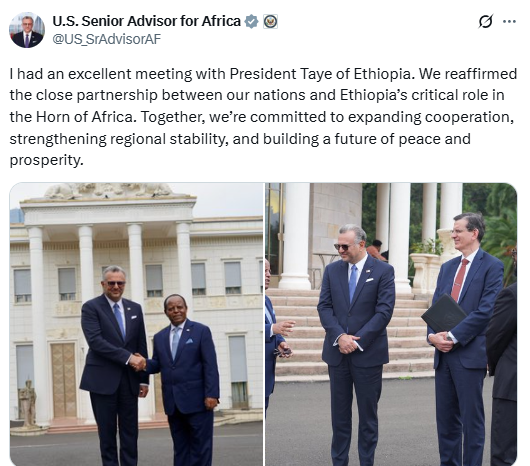 UK Lord Bellingham says "z Trump Administration have said that they do not want to get involved in any diplomatic efforts to de-escalate z current #Ethiopia/n-#Eritrea/n crisis." 

<a href="/US_SrAdvisorAF/">U.S. Senior Advisor for Africa</a> Massad "an excellent meeting" with President Taye.

Combined: #USA not interested
