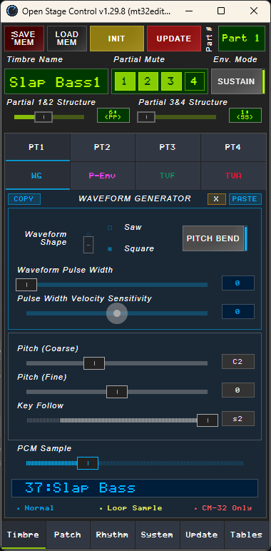 BrandonBlume's tweet photo. Screenshots of my MT-32 timbre editor made with Open Stage Control. WG tab, Patch editor tab, System Area settings tab, and a tab for updating various functions to and from an MT-32. (from doesn't work with MUNT as there's no MIDI output)  1/3 #mt32 #synth #sysex https://t.co/L7GdpgObFW