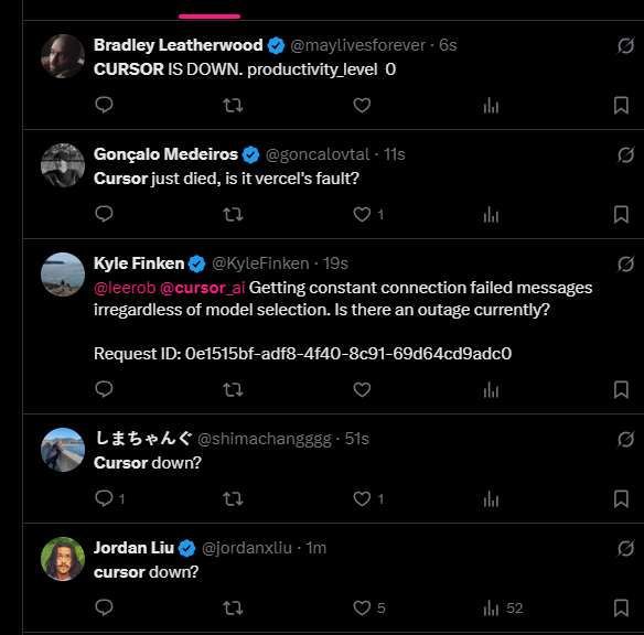 Vishnu44__'s tweet photo. was just trying to make some changes using cursor and it seemed down.
I log on to X and see this.
so funny lol https://t.co/8UjgLN0E2F