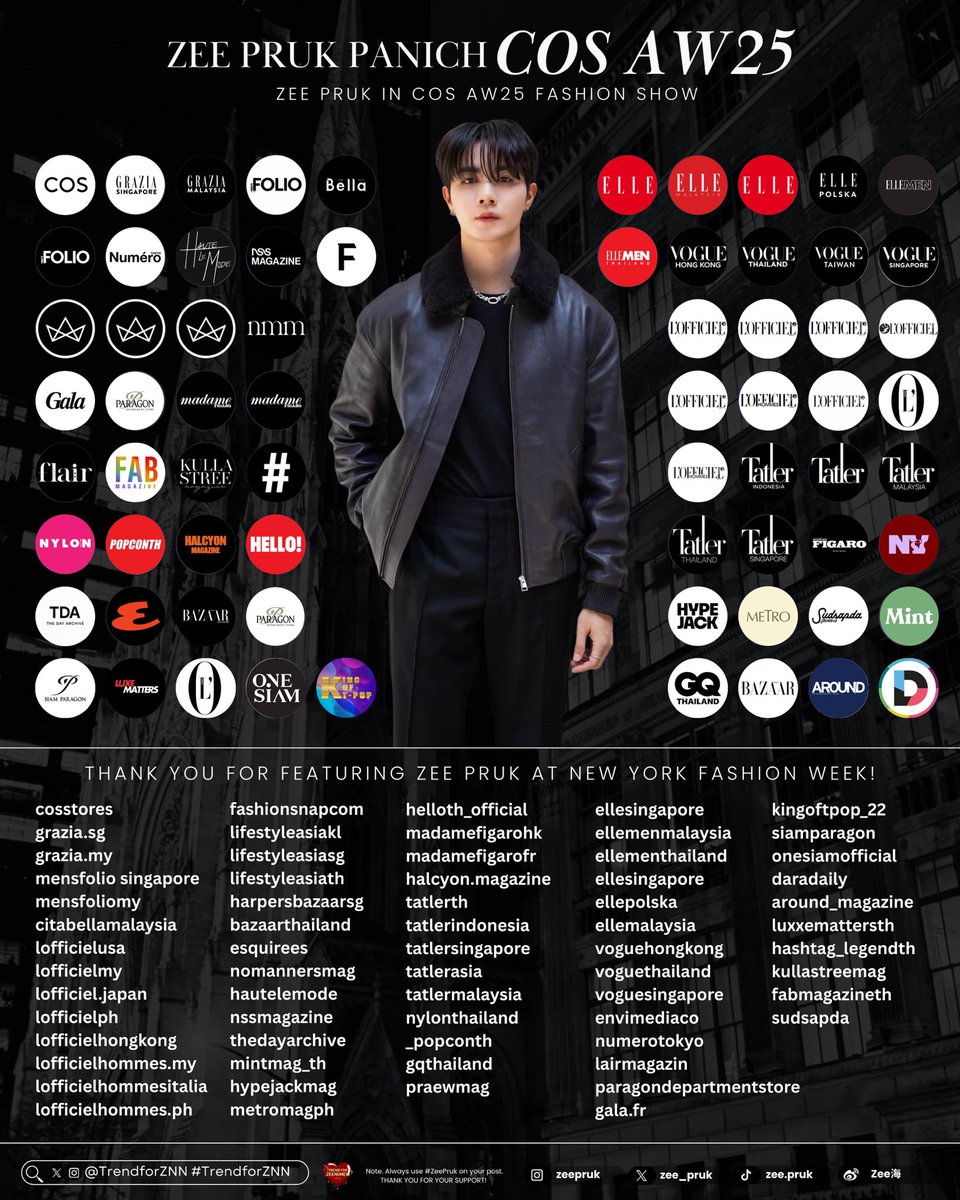 TrendforZNN's tweet image. 𝒁𝑬𝑬 𝑷𝑹𝑼𝑲 𝑰𝑵 𝑪𝑶𝑺 𝑨𝑾𝟐𝟓 𝑭𝑨𝑺𝑯𝑰𝑶𝑵 𝑺𝑯𝑶𝑾

Zee Pruk continues to shine on the global stage 🌍✨ Featured in over 68 international media outlets, news sites, and magazines, his presence made waves from fashion pages to entertainment headlines, all eyes were on…