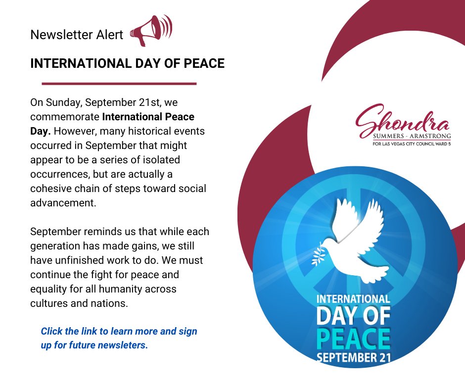 This Sunday, Sept 21, we mark the International Day of Peace—also known as World Peace Day. ✨
Peace isn’t just an idea—it’s built step by step, event by event, choice by choice. Discover the history that shaped our path: mailchi.mp/shondraarmstro…