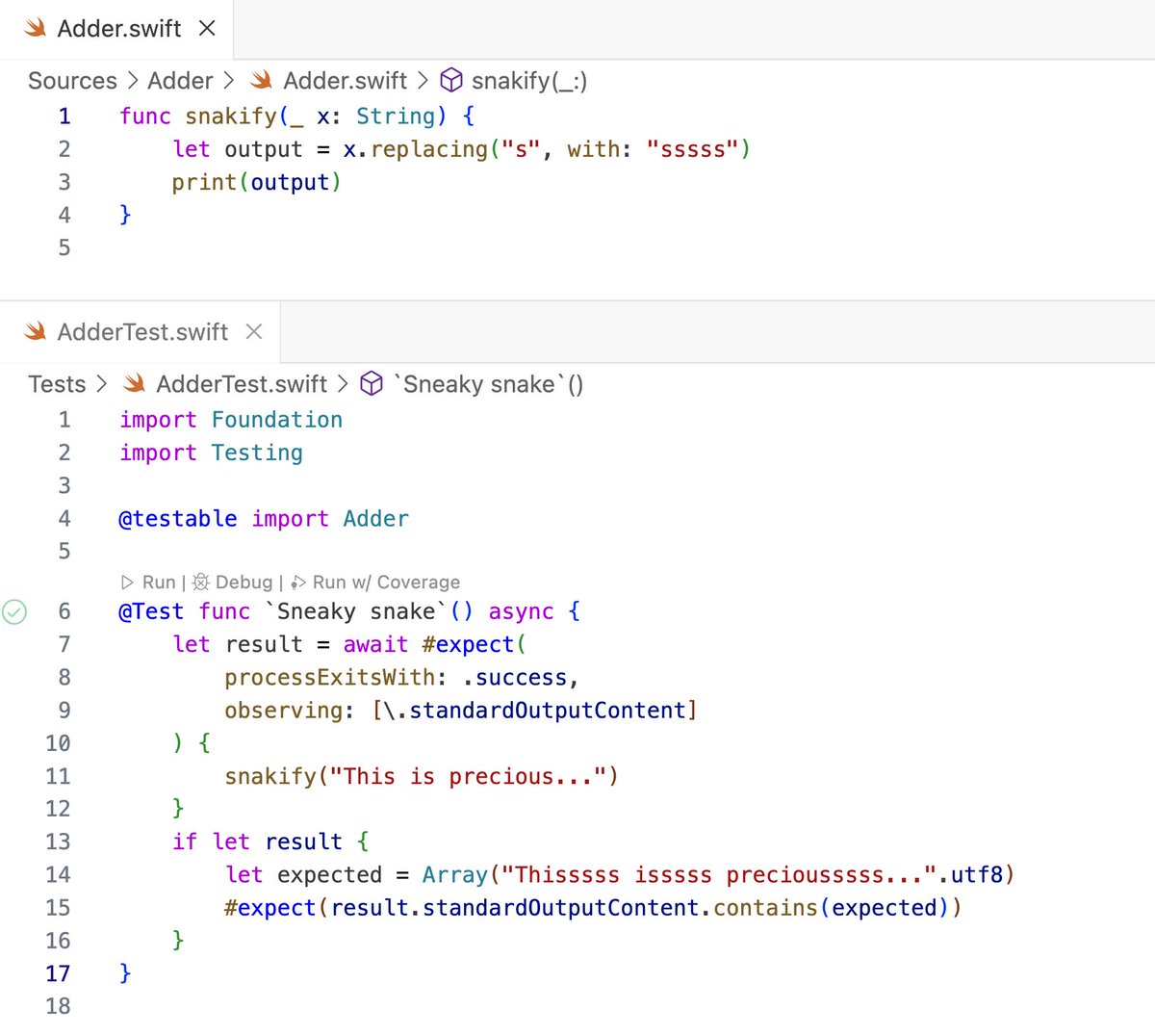 SwiftLang's tweet image. 🧪Exit testing is new in Swift 6.2! Now it&apos;s easy to check whether code exits cleanly, and ensure it prints the expected output to the console. Here&apos;s a sssssuper sssssimple sssssample! 🐍 More at developer.apple.com/documentation/…