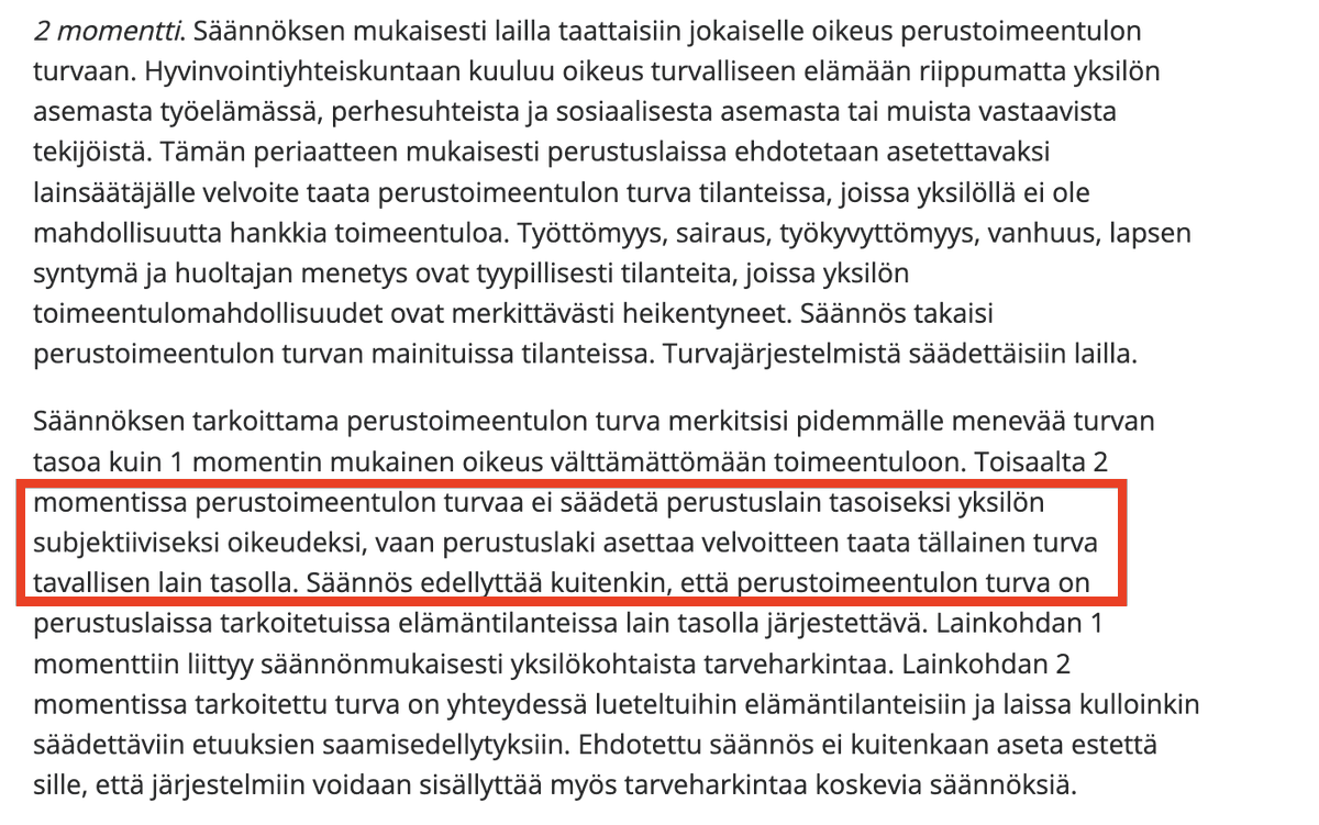 LexGoodboy's tweet photo. @ArttuRintanen @PauliVahtera Ja esityksessä todetaan, että perustoimeentulon turvaa ei säädetä perustuslain tasoiseksi subjektiiviseksi oikeudeksi, vaan siitä säädetään normaalilla lailla. https://t.co/KS1qc7OMcj