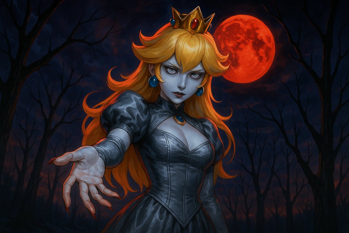 AnnihilatorRUS1's tweet image. Принцесса Персик hyper-detailed painterly look, cinematic lighting, bold colors, dramatic lights, extremly provocative outfit, Her skin is pale as a corpse. Her eyes are pale gray. She is dressed in a fitted gothic-style dress in silver tones, which contrasts with her skin color.…