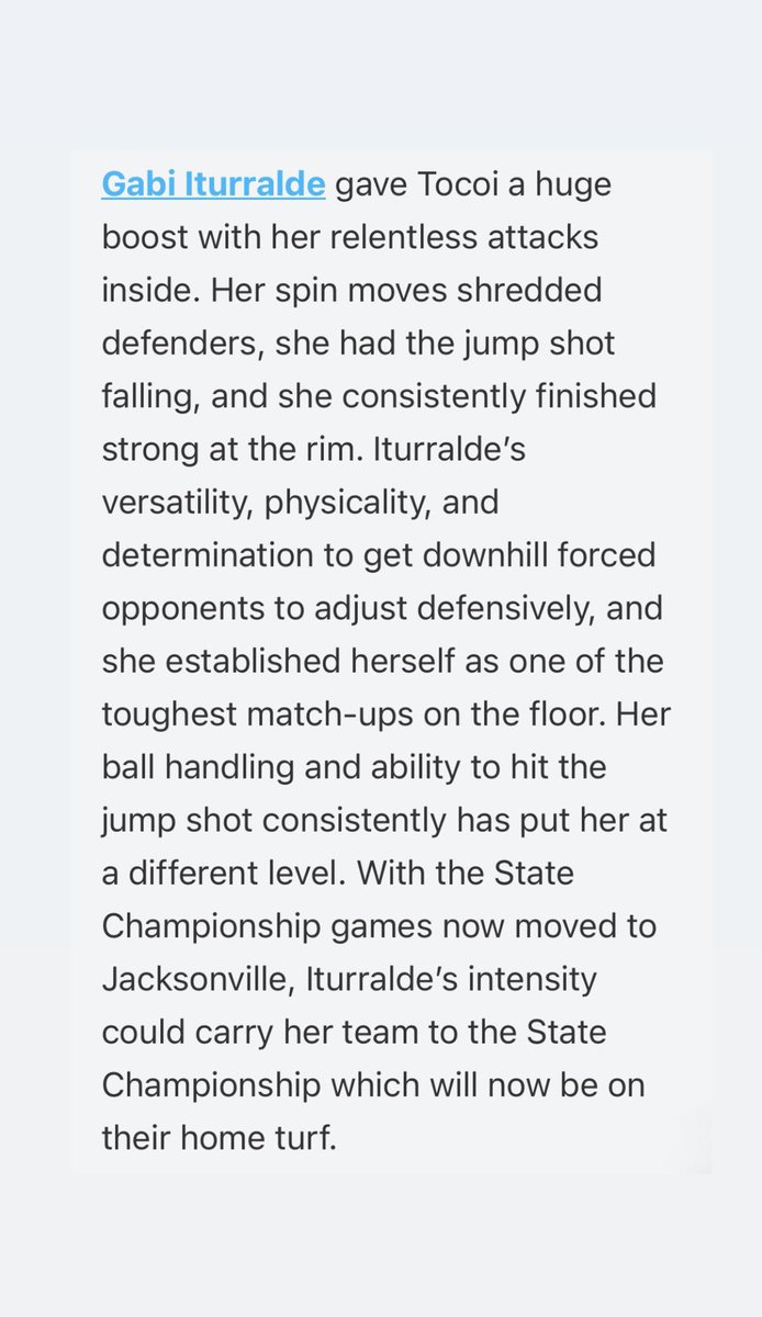Gabrielle Iturralde (@gabriellei2027) on Twitter photo Thank you <a href="/PGHFlorida/">Prep Girls Hoops Florida</a> and <a href="/hunterkeithl/">Keith Catfish Hunter</a> for the write up! 
#HornsUp
<a href="/Repsonreps__/">RepsOnReps ™️</a> 
<a href="/SUTSReport/">SUTS Report</a> 
<a href="/FL_MAXPREPS/">FLORIDA MAXPREPS</a> 
<a href="/DuvalSports/">Duval Sports</a> 
<a href="/HSSportsFL/">HSSportsFlorida</a> 
<a href="/JrAllStarFla/">Florida Jr. All-Star GBB</a> 
<a href="/TocoiCreekGBB/">Tocoi Creek Lady Toros</a> 
<a href="/CFE_BASKETBALL/">CentralFloridaElite</a> Thank you <a href="/PGHFlorida/">Prep Girls Hoops Florida</a> and <a href="/hunterkeithl/">Keith Catfish Hunter</a> for the write up! 
#HornsUp
<a href="/Repsonreps__/">RepsOnReps ™️</a> 
<a href="/SUTSReport/">SUTS Report</a> 
<a href="/FL_MAXPREPS/">FLORIDA MAXPREPS</a> 
<a href="/DuvalSports/">Duval Sports</a> 
<a href="/HSSportsFL/">HSSportsFlorida</a> 
<a href="/JrAllStarFla/">Florida Jr. All-Star GBB</a> 
<a href="/TocoiCreekGBB/">Tocoi Creek Lady Toros</a> 
<a href="/CFE_BASKETBALL/">CentralFloridaElite</a>