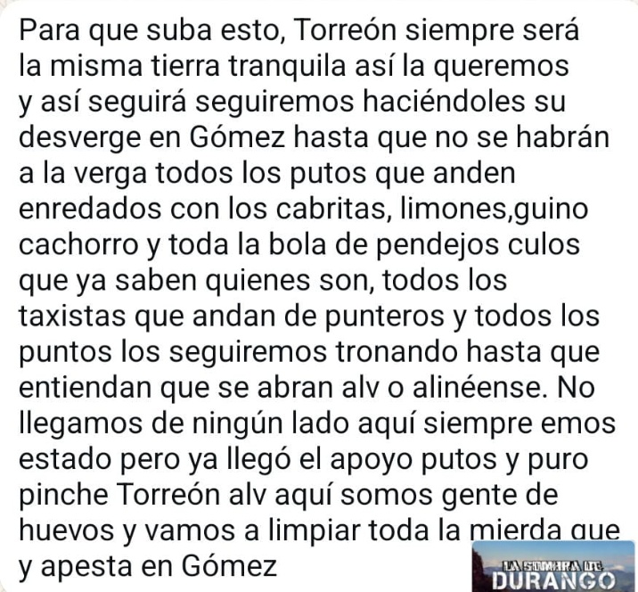 #Durangutopía | #NarcoEstado | #LaLaguna |

En el marco del atentado explosivo, supuestamente enviaron el siguiente mensaje a los medios de comunicación.

Al parecer la alcaldesa <a href="/BetzabeMtzA/">Betzabé Martínez Arango</a>, se le complica la gestión de gobierno, ella es parte de los señalados en el comunicado.