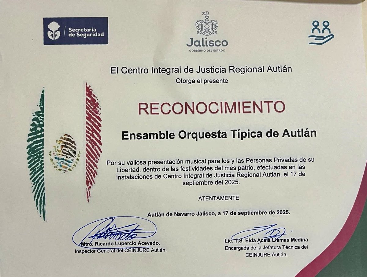 OTAorquesta's tweet photo. Presentación especial en El Centro Integral de Justicia Regional Autlán en celebración del programa de Fiestas Patrias 2025. 
17 de septiembre de 2025.
#Ota
#TípicaDeAutlán
#Ensamble
#Autlán
#orquesta https://t.co/fWSy4Ib2PZ