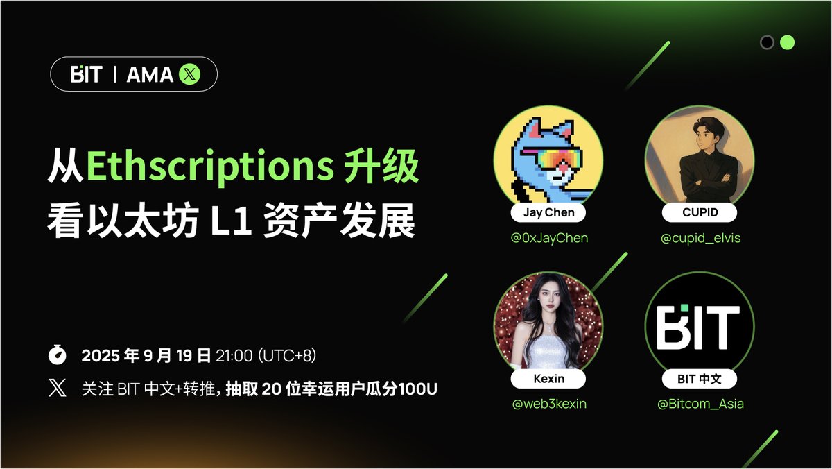 📢 #BIT Space｜从Ethscriptions 升级看以太坊 L1 资产发展

📅 2025 年 9 月 19 日 21:00（UTC+8）

✅ 关注 <a href="/Bitcom_Asia/">BIT 中文</a>  并点赞、转发本帖，评论区留下 Bit UID
✅ 加入社群：x.com/Bitcom_Asia
🎁 我们将抽取 20 位幸运用户，平分 100U！

嘉宾：<a href="/0xJayChen/">Jay Chen</a>, <a href="/cupid_elvis/">CUPID</a> , <a href="/web3kexin/">Kexin</a>