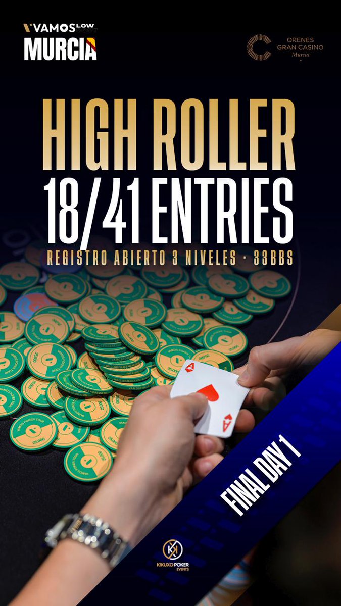 Vamos Poker Tour (@vamospokertour) on Twitter photo 💎 High Roller – Día Final 💎
El evento más exclusivo del VPT Low Cost Murcia 🇪🇸 cerró su Día 1 con 18/41 entradas.
Hoy Día Final:
⏳ Registro abierto 3 niveles
🟢 33BBs de inicio
📍 <a href="/CASINOMURCIA/">Orenes Gran Casino Murcia</a>
#VPTMurcia #VamosPokerTour 💎 High Roller – Día Final 💎
El evento más exclusivo del VPT Low Cost Murcia 🇪🇸 cerró su Día 1 con 18/41 entradas.
Hoy Día Final:
⏳ Registro abierto 3 niveles
🟢 33BBs de inicio
📍 <a href="/CASINOMURCIA/">Orenes Gran Casino Murcia</a>
#VPTMurcia #VamosPokerTour