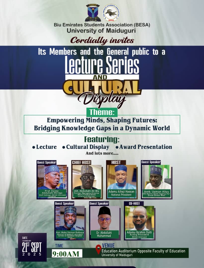 Happy to be joining the BESA Lecture Series and Cultural Display at the University of Maiduguri as a guest speaker to contribute in discussing key themes and  be part of the celebration of their rich Babur heritage.