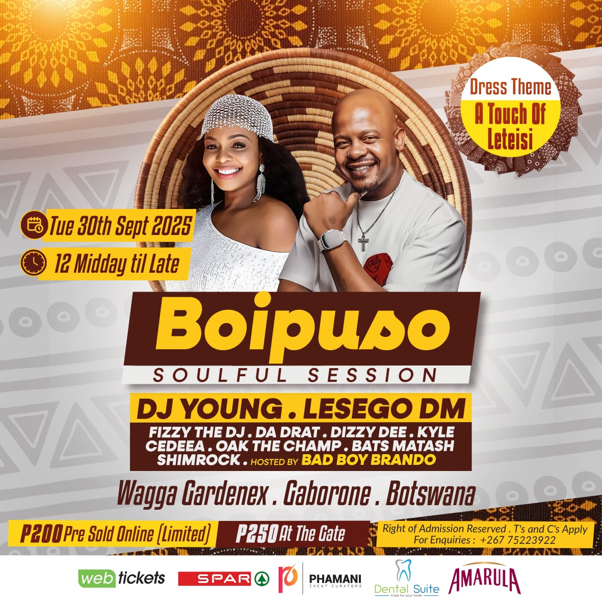 ShimrockBW's tweet photo. Phamani Events Curators 
Boipuso Soulful Session with Dj Young &amp; Lesego DM
Venue : Wagga Gardenex
Dress Theme : A Touch of Leteisi 
Host:Bad Boy Brando 
Feat :
Dj Young 
Lesego DM ("DoekMommy") 
Fizzy The DJ 
Da Drat
Dizzy Dee
Bats Matash
CeeDeeA
Oak The Champ 
Kyle
Shimrock https://t.co/98j6pOdP4W