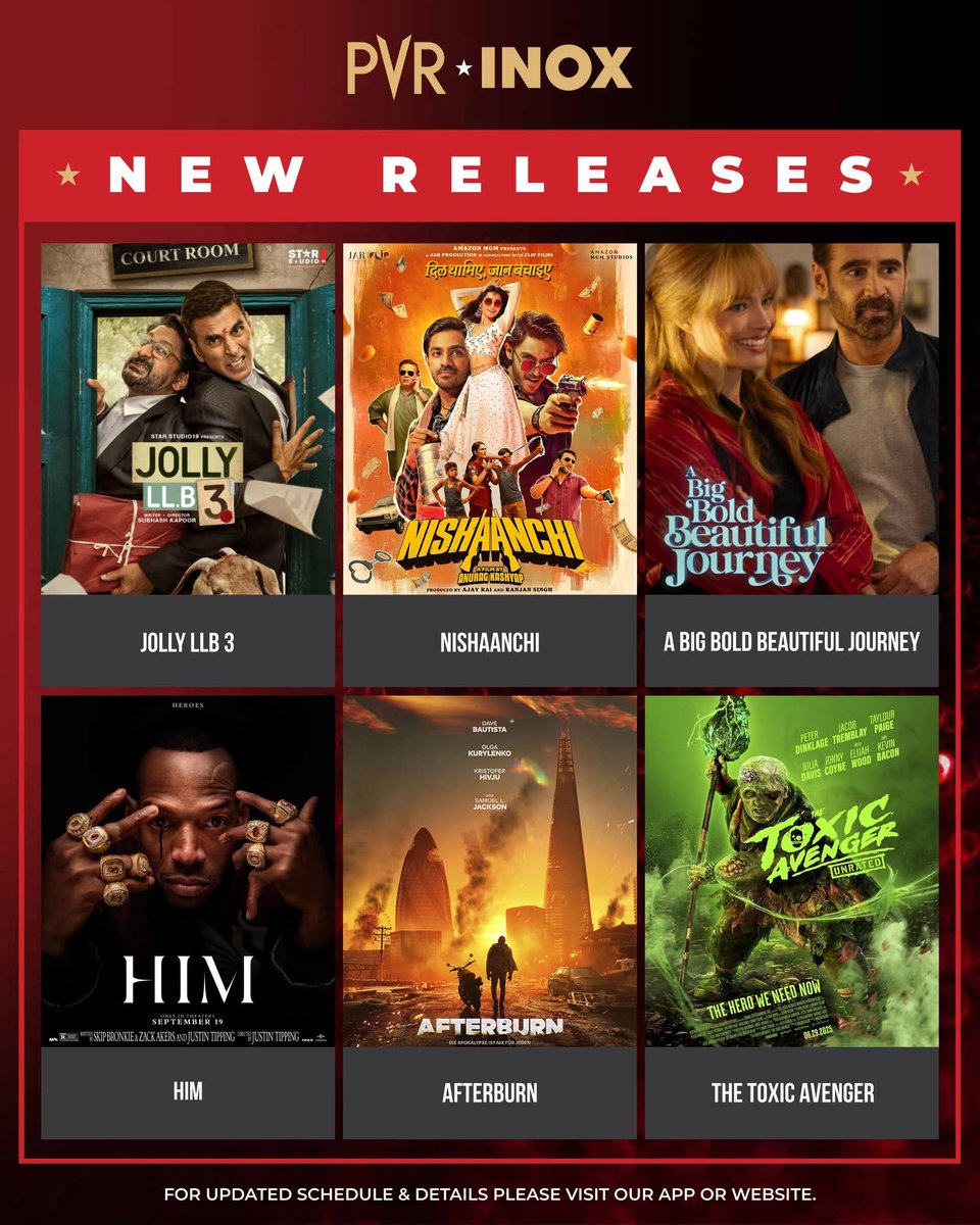 CinemaRareIN's tweet photo. In cinemas today (19/9)..
#JollyLLB3 (Hindi)
#Nishaanchi (Hindi)
#SabarBonda (Marathi)
#Boonga (Manipuri)
#Ajey: #TheUntoldStoryOfAYogi (Hindi)
#Vijeyta (Hindi)
#Anveshan (Hindi)
#ABigBoldBeautifulJourney (English)
#Him (English)
#TheToxicAvenger (English)
#Afterburn (English) https://t.co/EoXLRTd0xg