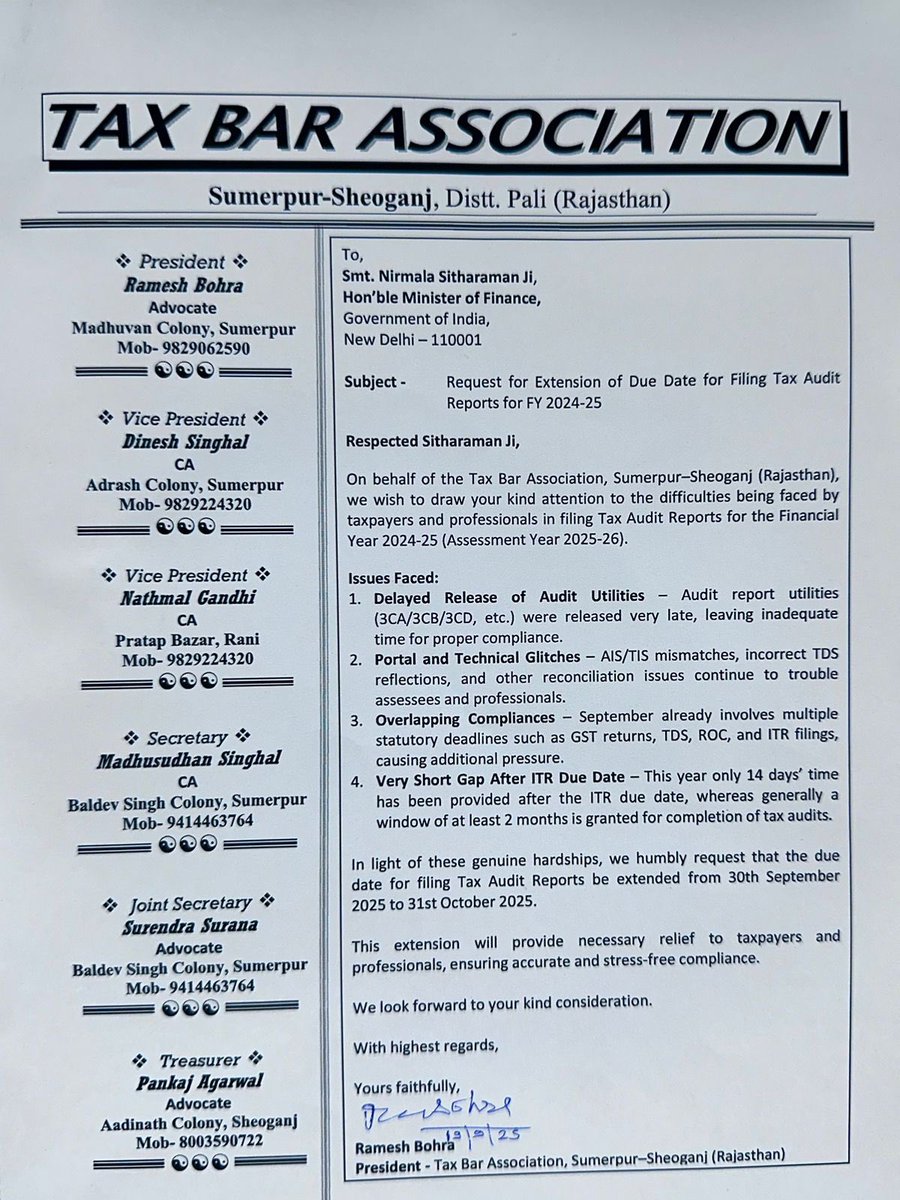 ashishrbohra's tweet photo. Tax Bar Association Sumerpur Sheoganj has submitted representations for extension to Tax Audit Due Dates @nsitharaman @FinMinIndia @CADhavalkothari @Sudhirhalakhndi @ruwatiaofficial @abhishekrajaram 
#Extend_Due_Date_Immediately #extend_ITR_TAR_duedates #extendduedateimmediately https://t.co/L4atfhQ7nf