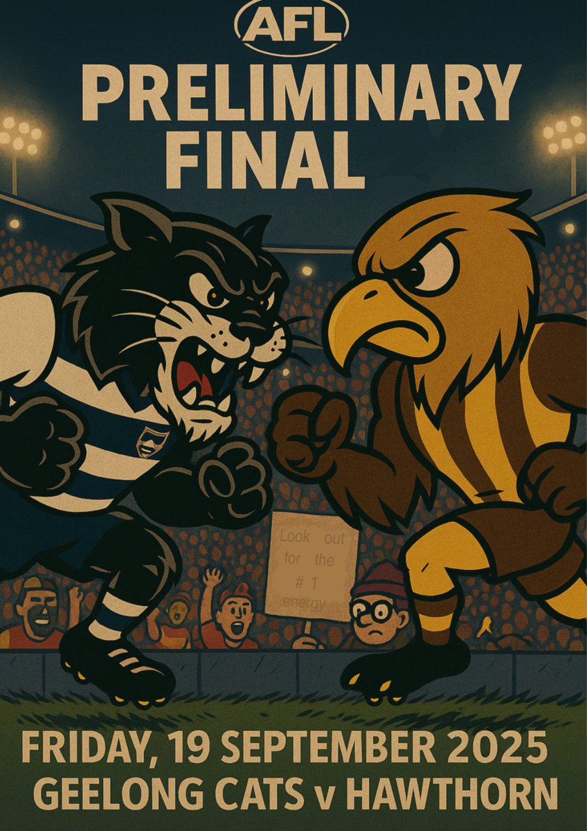 austRAlian football league

PRELIM FINAL 19/9/9(2🐍25) 

<a href="/GeelongCats/">Geelong Cats</a> 
lost 1989 🐍 
lost 1953 🐍

<a href="/HawthornFC/">Hawthorn FC</a> 
won 2013 🐍
won 1989 🐍

Think about the #1 energy today 

1ggression 
1eadership
1lcohol 
#AFLCatsHawks #AFL #AFLFinals 
#Ballers #FoxFooty #AFLInjuries #D4AFL