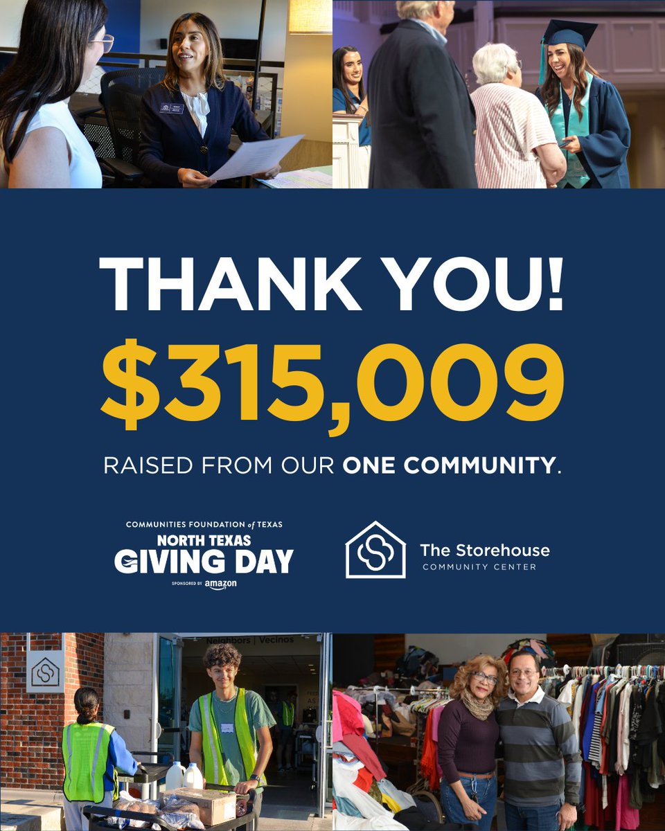✨ THANK YOU! Because of you, our community raised $315,009 on #NTxGivingDay 💙💚 

More food on tables. More dignity in clothing. More hope through education. When we come together as one community, lives are transformed — including our own.