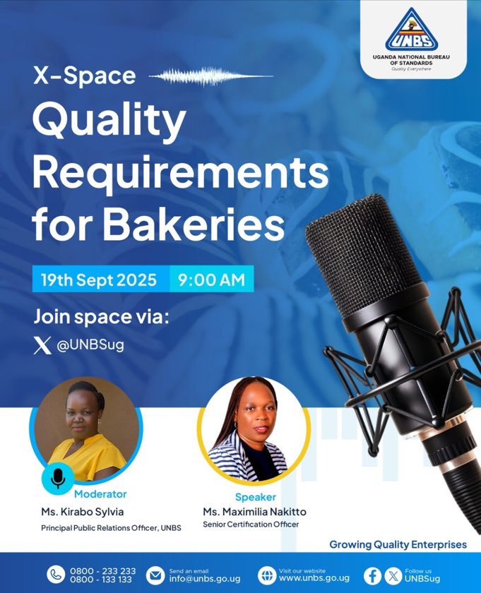 TrendRoomUG's tweet photo. ๐ Quality in bakeries isnโt just about taste itโs about safety, standards & trust!
Join the UNBS X-Space on Quality Requirements for Bakeries #QualitySpace
๐๏ธ 19th Sept 2025
โฐ 9:00 AM
๐๏ธ Speaker: Ms. Maximilia Nakitto (Senior Certification Officer, UNBS)
๐ค Moderator: Ms. Kirabo Sylvia
(Principal PRO, UNBS)
๐ Join via: @UNBSug Tap this Link to join the sensitization ๐ https://t.co/d7OqixZUJFโฆ
#GrowingQualityEnterprises
#WeGrowQualityEnterprises