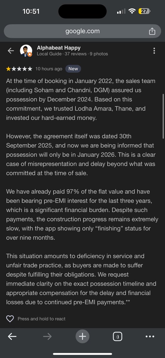 happychavan's tweet photo. Never invest in Lodha Thane
@MPLodha @LODHA
I have been scammed by fake promises for possession 
97 percent payment is done
Possession is delayed
They are blackmailing in terms of Maharera grace period https://t.co/kc9ShR4cTC