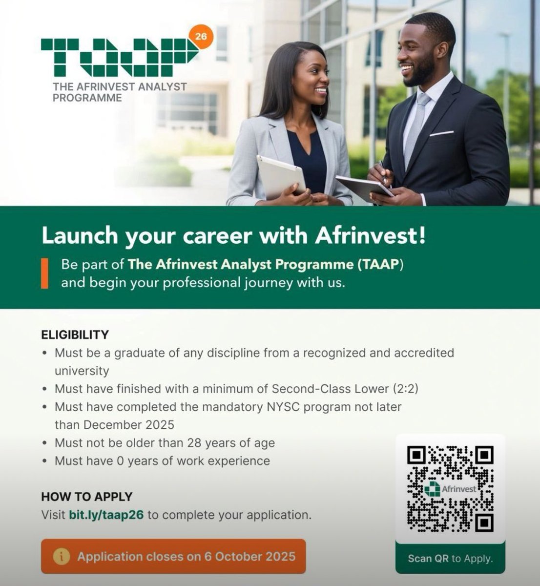 Ready to launch your career with Afrinvest?

The Afrinvest Analyst Programme (TAAP) for 2026 is now open! Apply now for a chance to kickstart your career in the finance industry.

Visit: bit.ly/taap26 to get started!