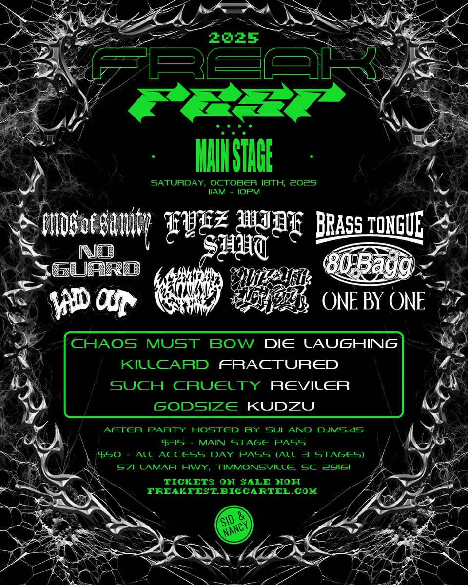 forthefreakssc's tweet image. 30 days away from Day 3 of Freak Fest 2025 in Timmonsville, South Carolina 

15 bands. 
15 DJ’s. 
3 Stages. 

What are you waiting for?

freakfest.bigcartel.com