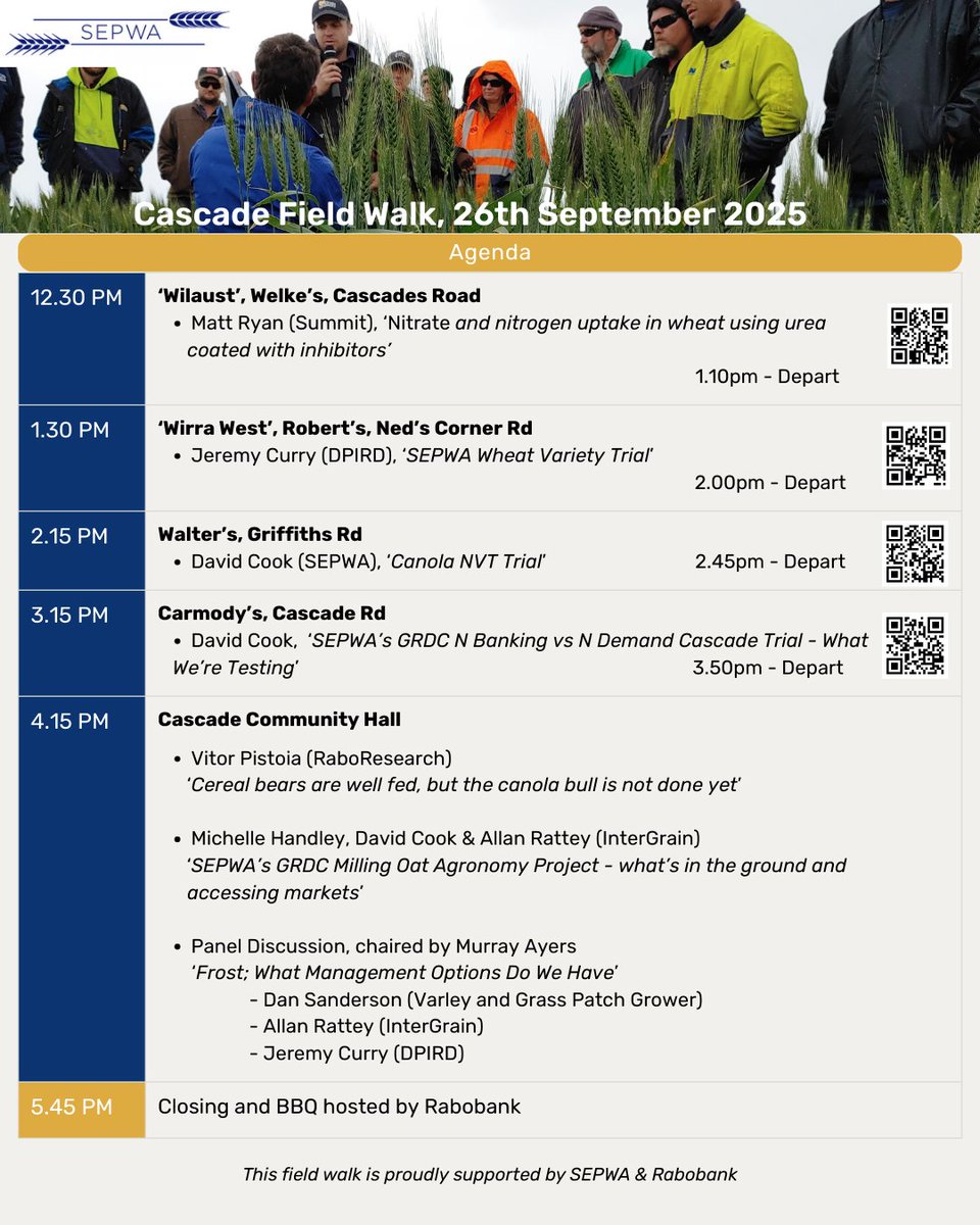 🌾PLEASE JOIN US AT THE CASCADE FIELD WALK🌾

Join us on Friday, 26 September for the Cascade Field Walk, the last event of SEPWA’s spring field walk season.

The full rundown of trials and speakers is in the flyer below - please head to the link 🔗trybooking.com/DFWLK🔗