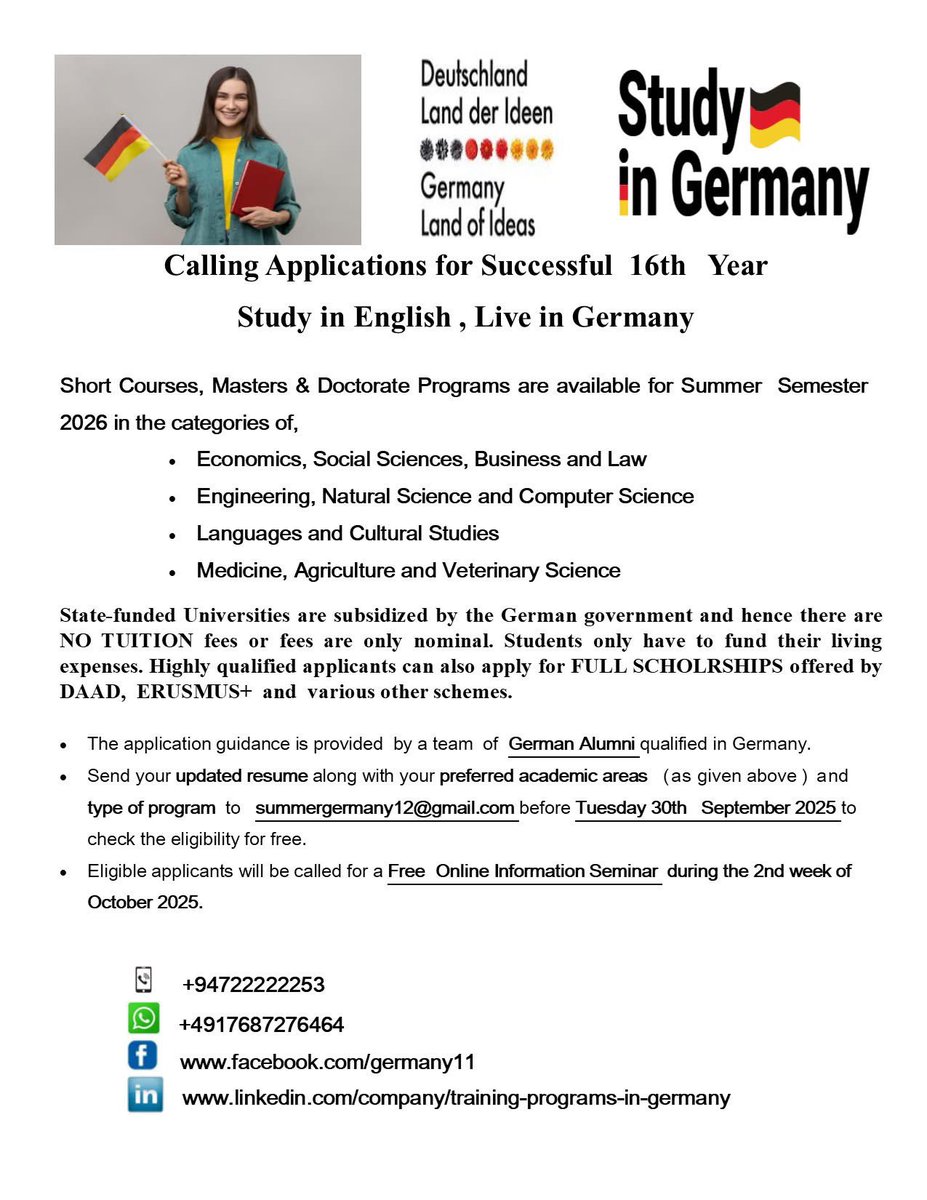 dilhanake's tweet photo. We are conducting this program for the consecutive 16th year as German Alumni.
Send your CV to summergermany12@gmail.com if you like to explore Germany for postgraduate studies, doctoral studies or even for a short course.

#studyingermany #daad #erusmus https://t.co/O2eP88rwLP