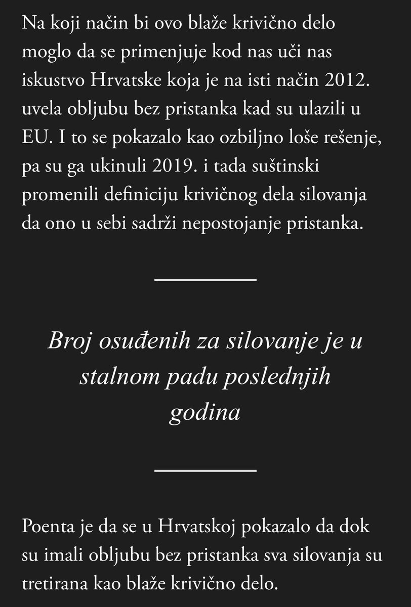 Uvodjenje krivicnog dela "obljuba bez pristanka" - ako žrtve nisu pružale otpor, pravosudje smatra
da su se saglasile, što je u suprotosti sa onim kako zaista reaguju žrtve.
Odlična analiza sa <a href="/velikeprice/">Velike priče</a> 👇