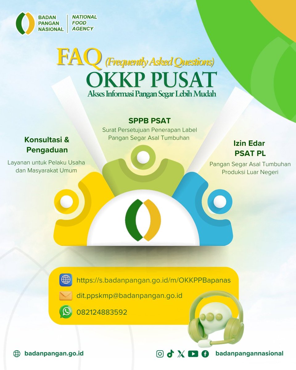 Dalam rangka memberikan kemudahan akses informasi kepada masyarakat, Badan Pangan Nasional melalui OKKP Pusat menyediakan layanan Frequently Asked Questions (FAQ) yang mencakup beberapa topik penting.
🔗 s.badanpangan.go.id/m/OKKPPBapanas