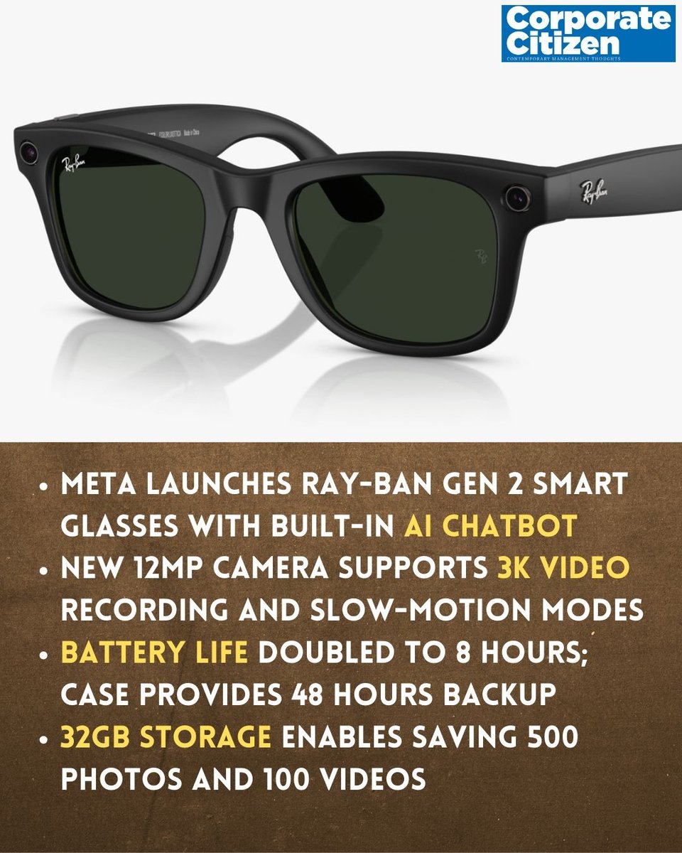 Meta x Ray-Ban Gen 2 Smart Glasses are here!
✔️ 3K video recording
✔️ 12MP camera + 32GB storage
✔️ Doubled 8-hr battery life + fast charging
✔️ Built-in Meta AI chatbot
At $379 (₹33k), these could be your next AI-powered companion. 
#RayBanMeta  #SmartGlasses #MetaAI