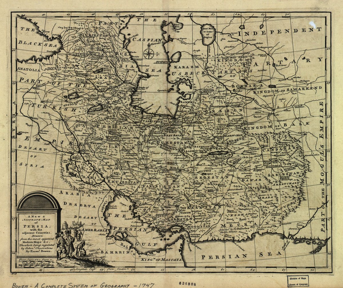 نقشه #ایران در زمان دودمان افشاریان، ۱۷۴۷ میلادی.
ترسیم از نقشه‌نگار (کارتوگرافیست) انگلیسی: امانوئل بوئِن

جای‌نام‌های تاریخی در جزییات تصویر مشخصند؛ آران (جمهوری باکو)، دریای کاسپین، خلیج فارس و دریای عمان/مکران که در این نقشه و شماری نقشه‌های تاریخی دیگر دریای پارس قید شده.