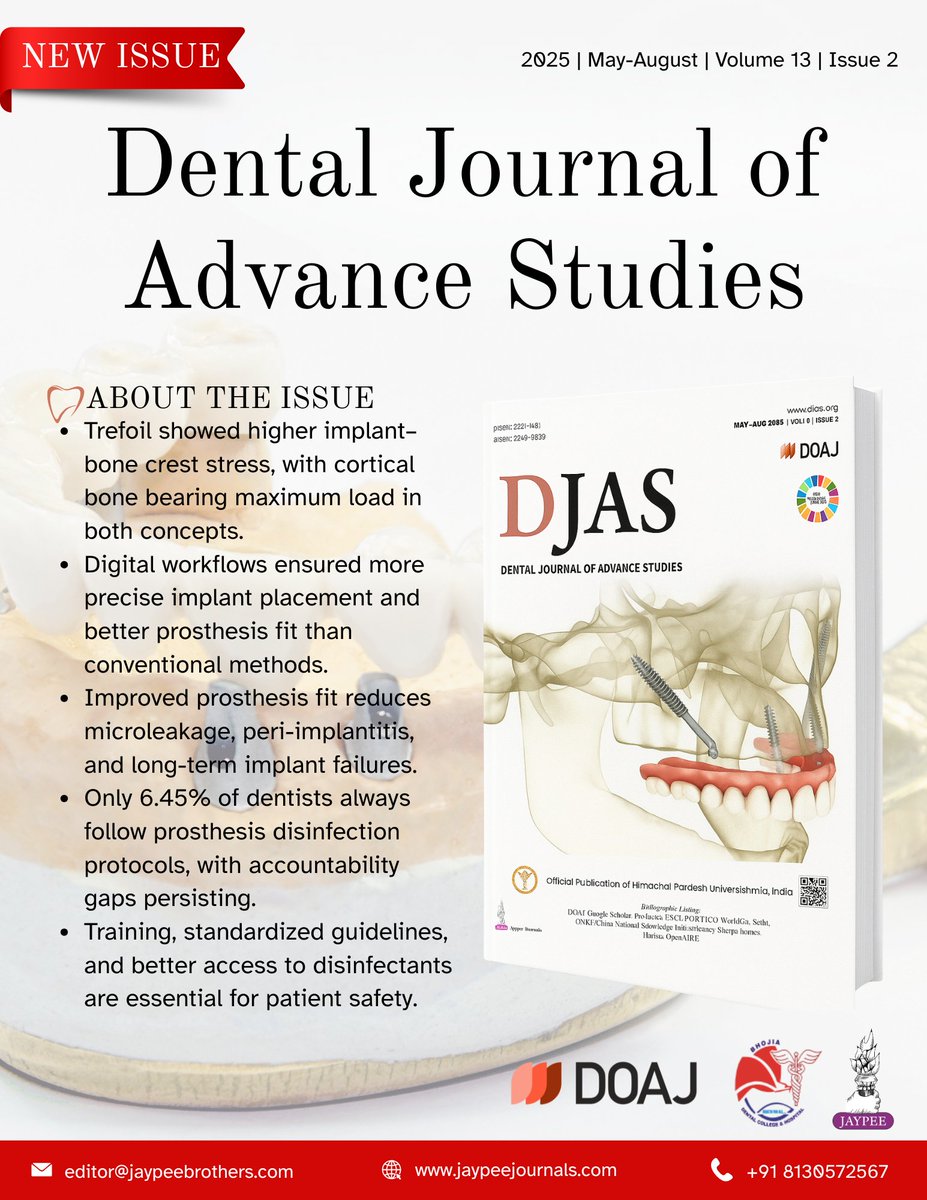 JaypeeJournals's tweet image. #DJAS
From stress distribution in All-on-4 vs Trefoil concepts, to the precision of digital workflows, and the critical need for prosthesis disinfection — research is reshaping dental practice for safer, longer-lasting outcomes.
Read more: djas.org/toc/DJAS/13/2
#DentalResearch