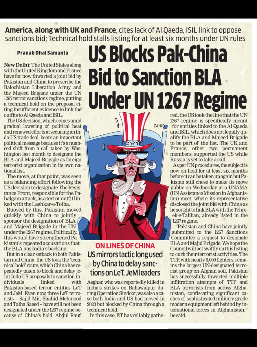 Setback to Pak &amp; China: US has put a 'technical hold' on Sino-Pak proposal to sanction Balochistan Liberation Army &amp; Majeed Brigade under UN 1267 regime. UK &amp; France have backed the hold. China has always used the 'hold' to delay/block India's cases.

m.economictimes.com/news/internati…