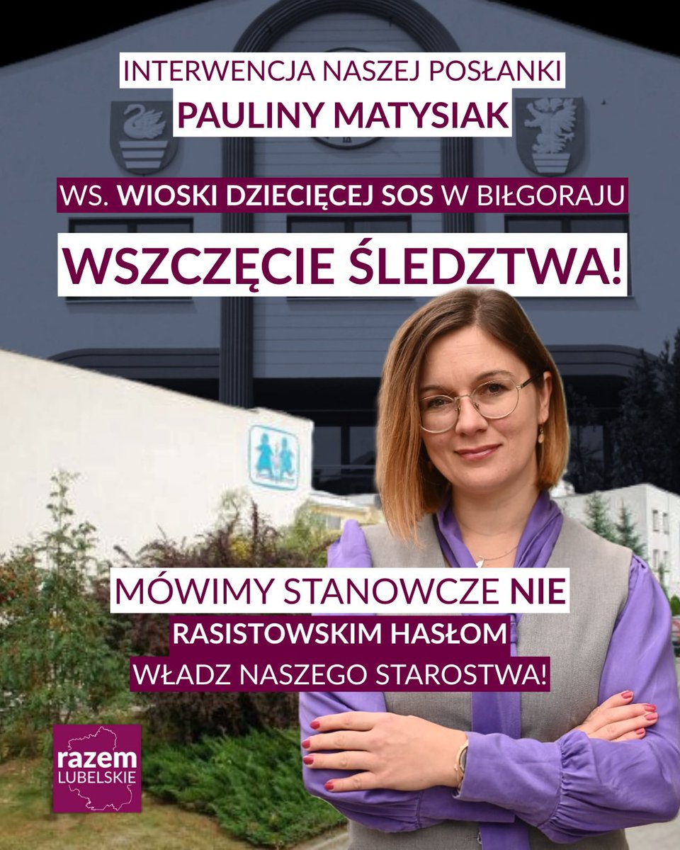 Prokuratura Rejonowa w Hrubieszowie wskutek interwencji posłanki <a href="/PolaMatysiak/">Paulina Matysiak 🇵🇱</a> wszczęła śledztwo w sprawie przekroczenia uprawnień przez Z-cę Starosty Biłgorajskiego oraz w sprawie nawoływania do przemocy i nienawiści na tle etnicznym - dotyczy to Wioski Dziecięcej w Biłgoraju.
