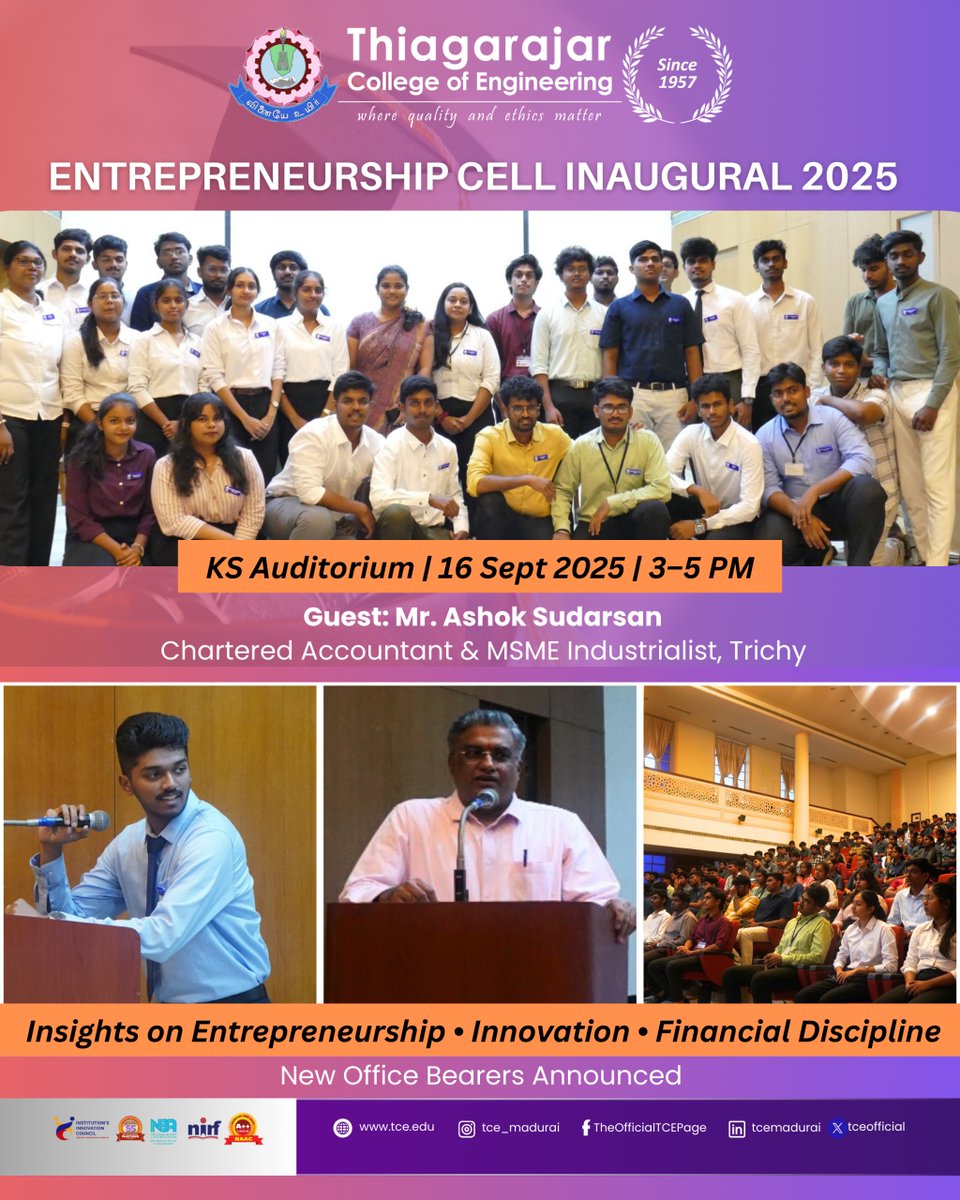 tceofficialpage's tweet image. 🚀 TCE’s E-Cell was inaugurated on 16 Sept 2025 at KS Auditorium with an inspiring talk by CA &amp;amp; MSME industrialist Mr. Ashok Sudarsan. New office bearers were announced, kickstarting a journey of innovation &amp;amp; entrepreneurship! ✨ #ECell #TCE #Innovation