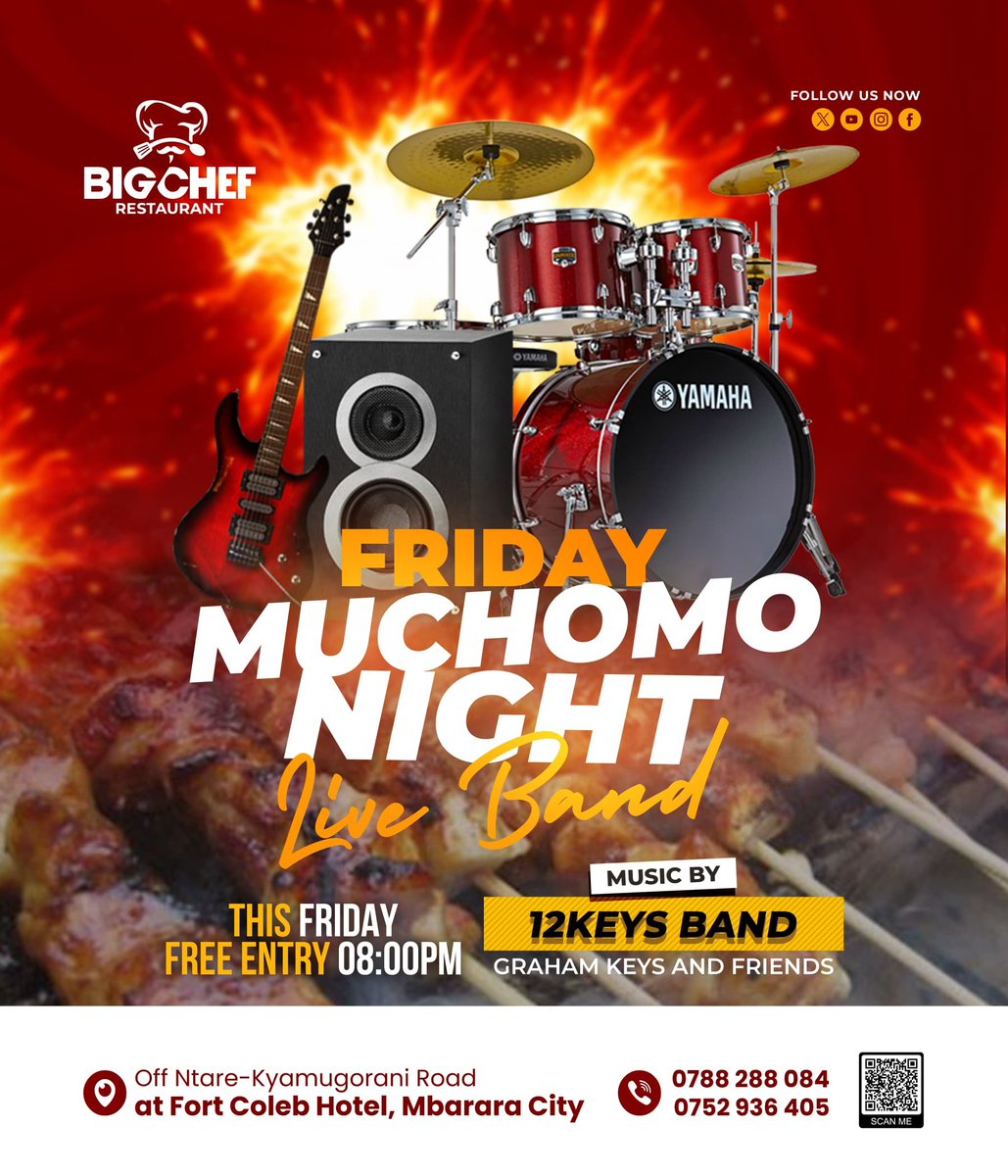 "Get ready for a night to remember! 🎶🎉 <a href="/BigchefR/">BigChef Restaurant (Mbarara)</a> is LIVE TONIGHT with <a href="/12keysband/">12Keys</a>! 🎵 Don't miss out on the fun! 🥰 Let's kick off the weekend in style! 💃🏽 #FridayNightLights  #TGIF