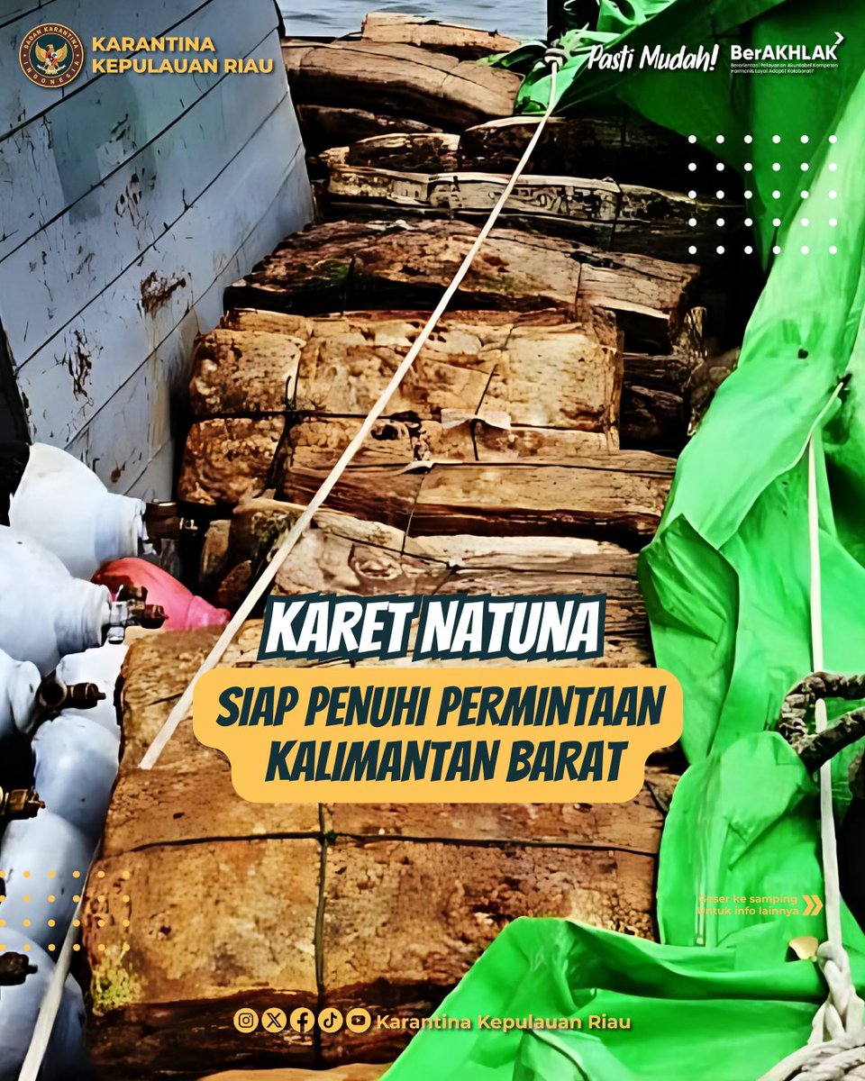 Karantina Kepri melalui Satpel Natuna kembali mencatat geliat perdagangan hasil perkebunan daerah. Kali ini, komoditas karet menjadi primadona dgn permohonan tindakan karantina secara online untuk pengiriman getah karet berbentuk lempengan ke Pontianak, Kalimantan Barat