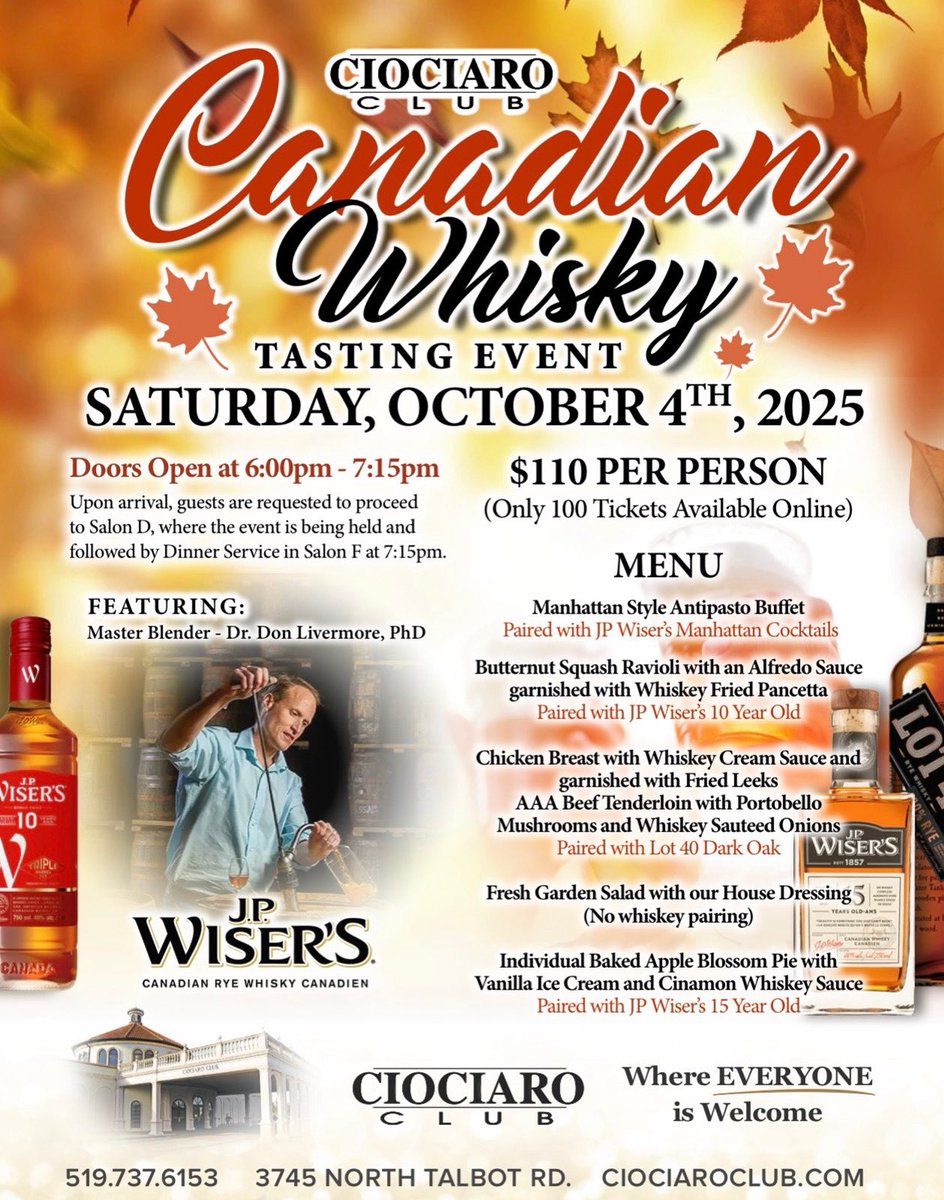 Don Livermore - Uisgephile (whisky lover) (@cdnwhiskydoc) on Twitter photo Come and celebrate JP Wiser’s 200th birthday October 4, 2025. I may even bring along a special birthday pour.
#canadianwhisky
<a href="/CorbySW/">Corby Spirit and Wine</a> Come and celebrate JP Wiser’s 200th birthday October 4, 2025. I may even bring along a special birthday pour.
#canadianwhisky
<a href="/CorbySW/">Corby Spirit and Wine</a>
