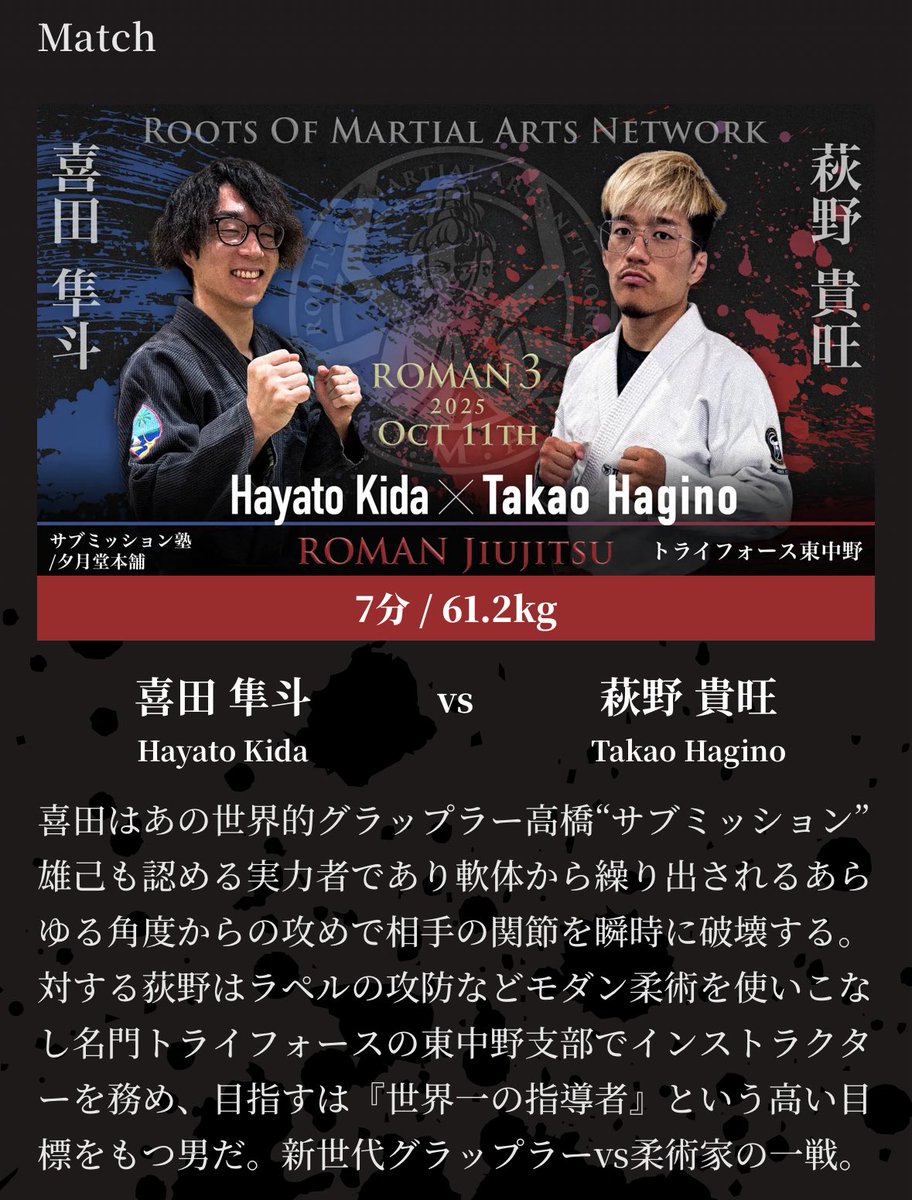 サブミッション塾からマイフレンド喜田さんがROMANに参戦。

喜田さん、あまりにも出禁になった道場の数が多すぎて最近センシティブなコンテンツとして扱っているのですが、実力も指導力も確かです。