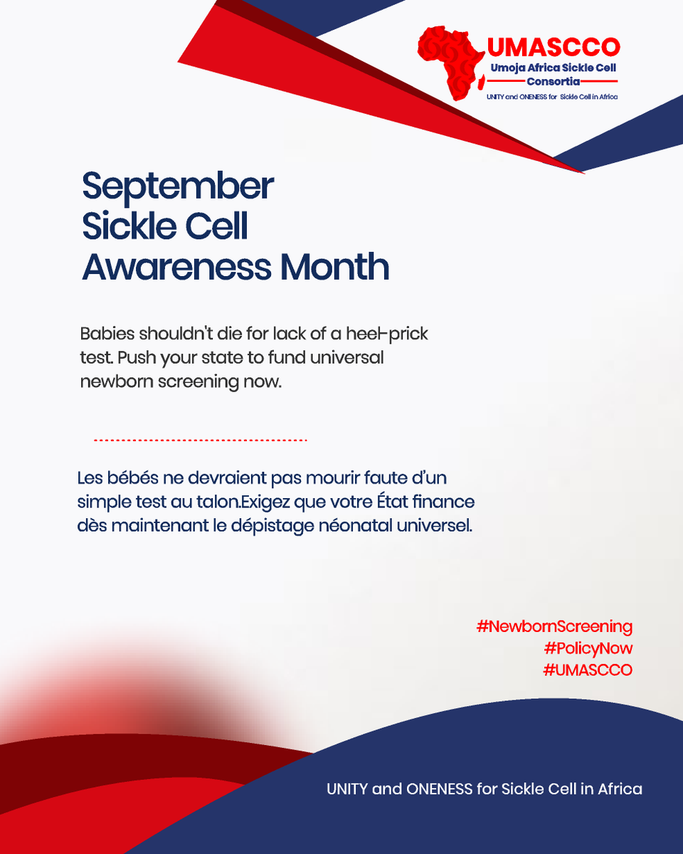 Plus de 500 000 bébés dans le 🌎naissent avec la #drépanocytose chaque année, surtout en #Afrique. Sans dépistage néonatal, beaucoup ne survivent pas à l'âge de 5 ans. Il est temps de militer pour un dépistage national obligatoire. Luttons pour le droit de chaque enfant à la vie.