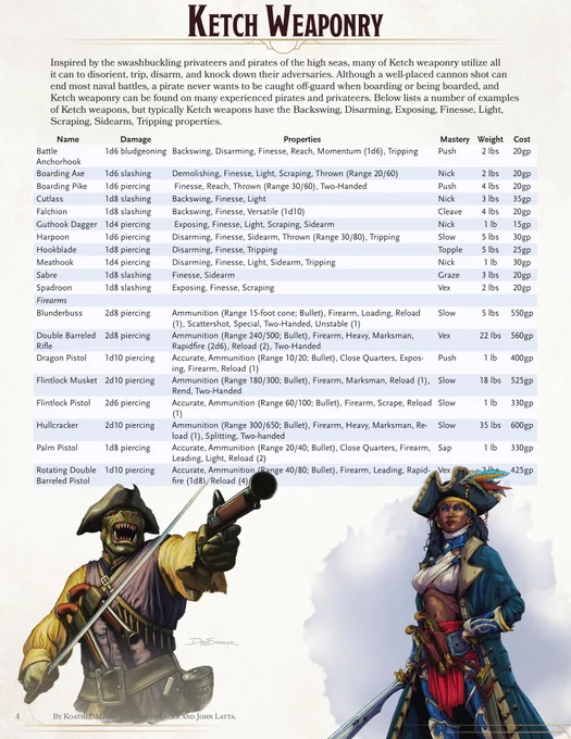 a page of new pirate dnd weapons alongside art of a crocodile pirate looking mf holding a sword in one hand and pointing a flintlock with the other, strapped with two other flintlocks, with art of a black pirate captain wearing a blue overcoat holdnig a sword in one hand, with the other on her red belt