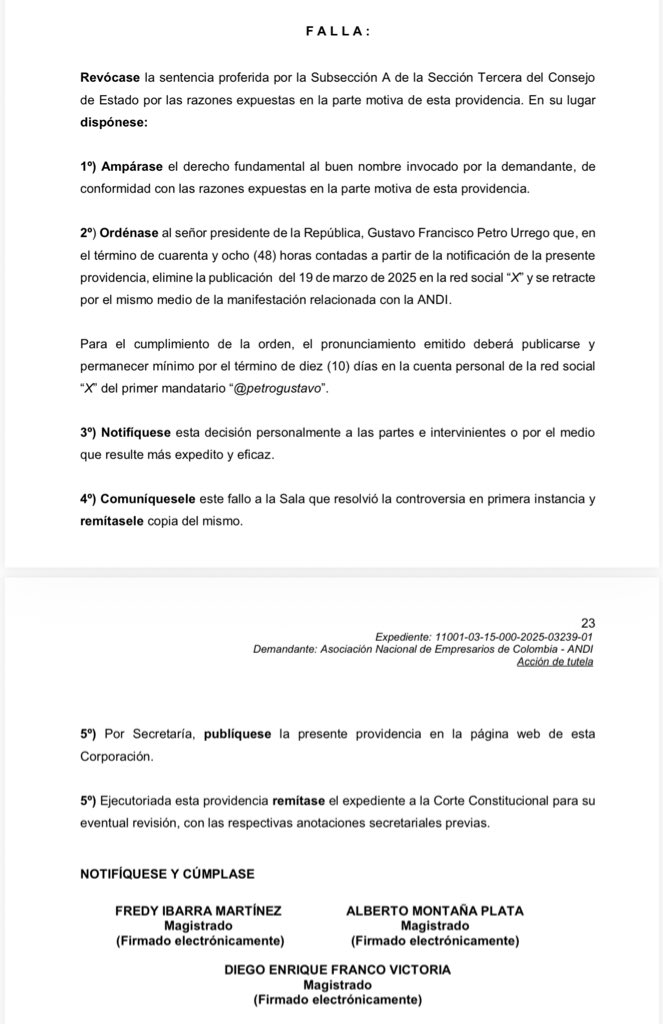 Atención: El <a href="/consejodeestado/">Consejo de Estado</a> le da un plazo de 48 horas al presidente <a href="/petrogustavo/">Gustavo Petro</a> para que borre un mensaje en su cuenta en X publicado el 19 de marzo de 2025, en el que señalaba a “la
Andi de Bruce MacMaster”, a la que atribuyó “destruir el gobierno por literal odio étnico” y