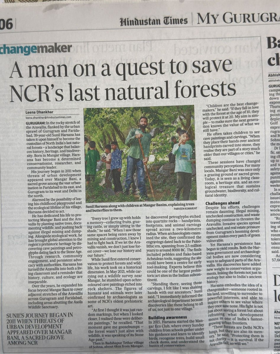 leenadhankhar's tweet photo. In the rocky #Aravallis, between Gurugram & Faridabad, Sunil Harsana has become the custodian of North India’s last natural #forests 🌳
From saving #Mangar Bani to discovering #Stone Age rock art, starting eco-clubs for kids & planting #trees—his fight is for ecology, history & survival.
#Aravallis #Conservation #Heritage #Biodiversity #Gurugram #Faridabad #SaveForests #StoneAge #Changemaker
