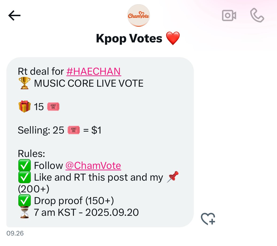 AphrodiXiecal's tweet photo. Rt deal for #HAECHAN 
🏆 MUSIC CORE LIVE VOTE

🎁 15 🎟️

Selling: 25 🎟️ = $1

Rules:
✅ Follow @ChamVote
✅ Like and RT this post and my 📌 (200+)
✅ Drop proof (150+)
⏳ 7 am KST - 2025.09.20 https://t.co/x44rO55olP