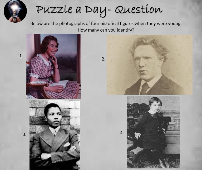 PuzzleADayBlog's tweet image. Puzzle: Four Historical Figures When They Were Young

#puzzle #puzzles #puzzleaday