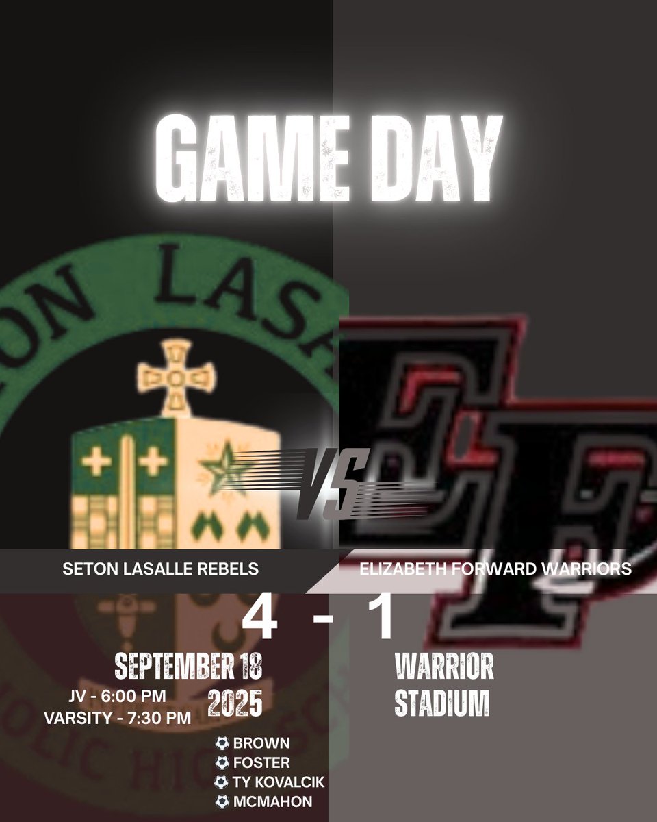 The Rebels come home with a hard fought 4-1 win! 

Next: 9/23 at East Allegheny 

#RebelPride 

<a href="/SLS_Athletics/">Seton LaSalle Athletics</a> <a href="/SetonLaSalle/">Seton LaSalle</a>