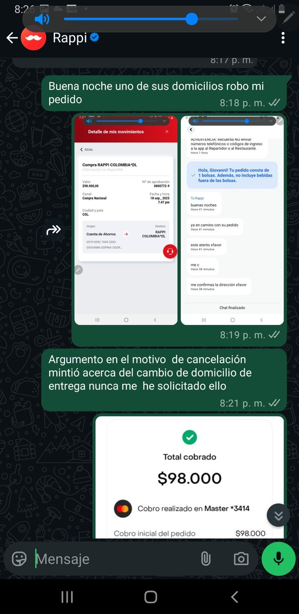 GIOVOSPO's tweet photo. @RappiColombia hoy quiero denunciar que en complicidad con ustedes el repartidor hurto mi pedido que fue debutaron de mi cuenta con mentiras acerca de haber solicitado yo un cambio de dirección, el soporte de ustedes solo me deshabilitó el chat sin brindarme solución https://t.co/xHAzUQcTVX