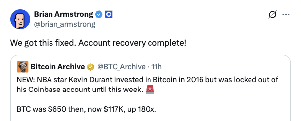 🔴COINTELGRAPH: Kevin Durant riacquista l'accesso al suo account Coinbase, conferma il CEO Brian Armstrong.