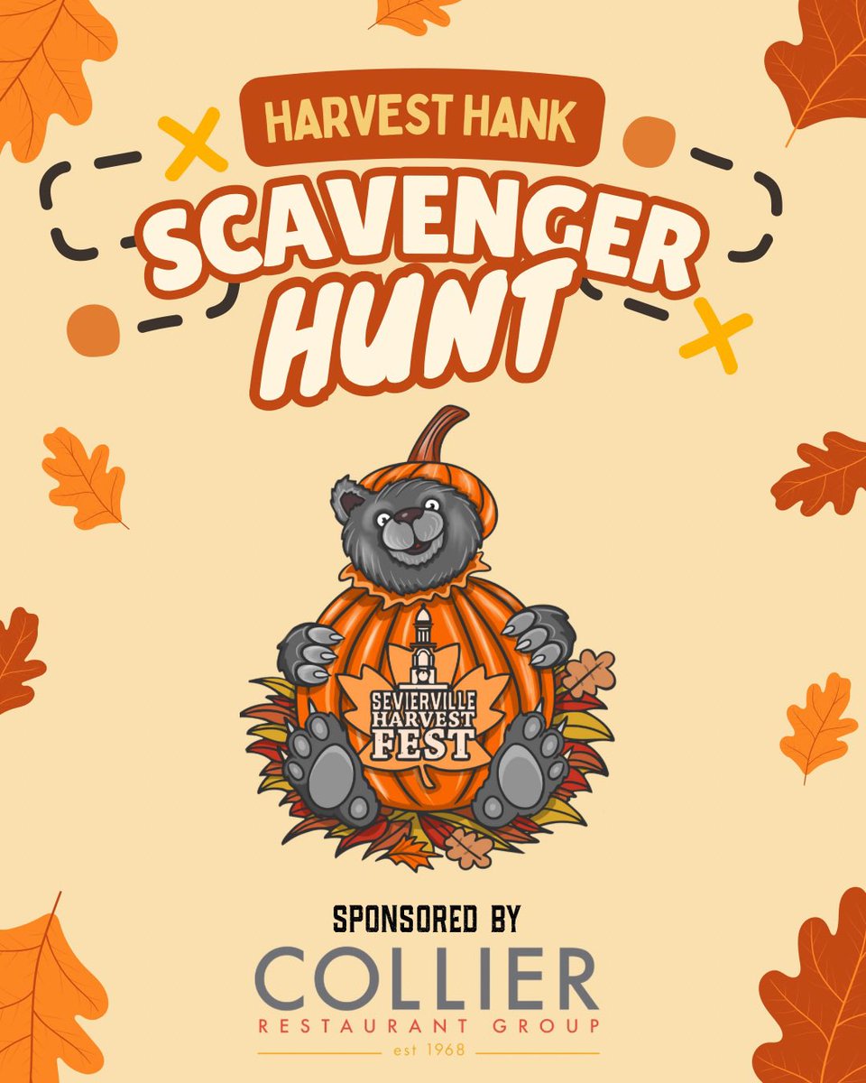 SevierFun's tweet image. 🍂🐻 Join the Harvest Hank Scavenger Hunt at Sevierville’s Harvest Fest! 🍁

Our favorite fall-loving bear, Harvest Hank, is hiding around town. If you find him, you could win prizes! 🎉

How to Play:

1️⃣ Follow @VisitSevierville for weekly location clues.
2️⃣ Find Harvest Hank…