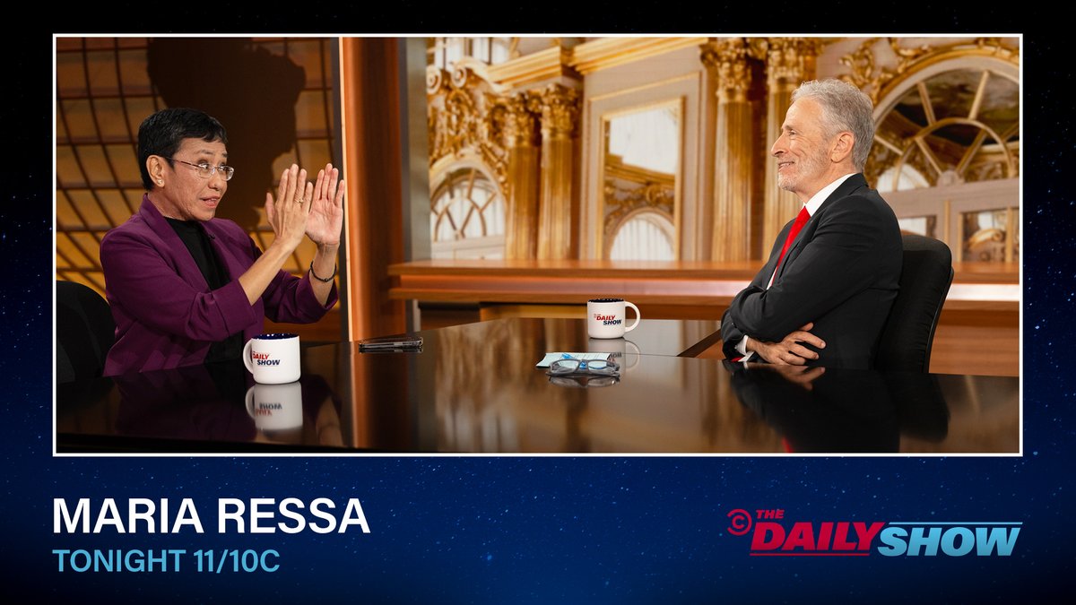 The Daily Show (@thedailyshow) on Twitter photo TONIGHT: Nobel Peace Prize-winning journalist <a href="/mariaressa/">Maria Ressa</a> talks to Jon Stewart about the Trump administration’s authoritarian crusade on free speech in the wake of Jimmy Kimmel being taken off the air TONIGHT: Nobel Peace Prize-winning journalist <a href="/mariaressa/">Maria Ressa</a> talks to Jon Stewart about the Trump administration’s authoritarian crusade on free speech in the wake of Jimmy Kimmel being taken off the air