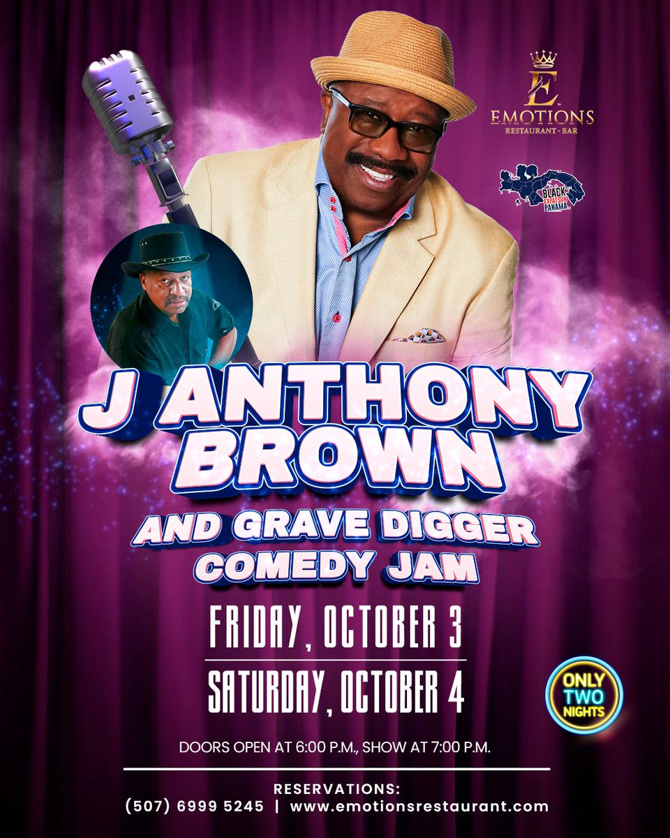 Hollywood meets Panama 🌟
Laugh. Eat. Enjoy. Repeat.
J. Anthony Brow 🎭
🎤 Hosted by Grave Digger
📅 Oct 3 &amp; 4 – Emotions Restaurant

🔗 Book now: emotionsrestaurant.com

📞 6999-5245 #Panama #standupcomedy  #janthonybrown #avenidabalboa